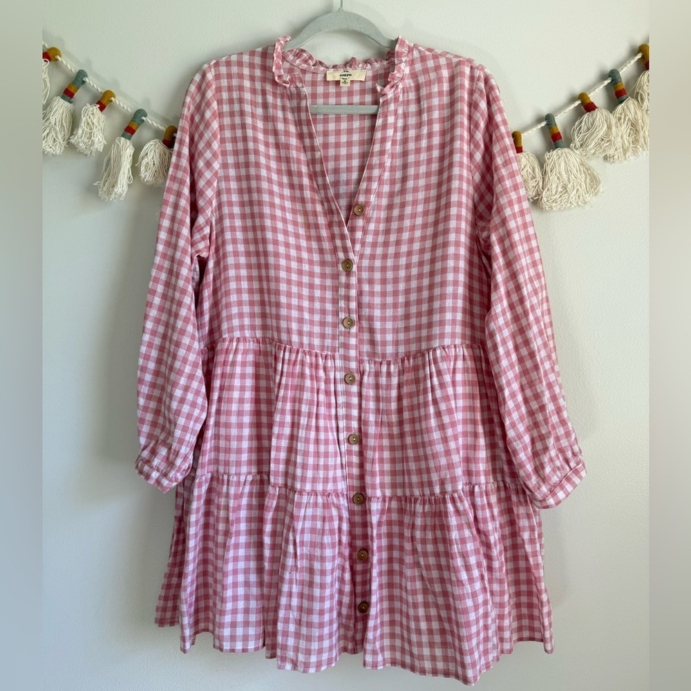 Entro Pink Gingham Plaid Tiered Babydoll Flowy Mini Dress Preppy Coquette Dainty